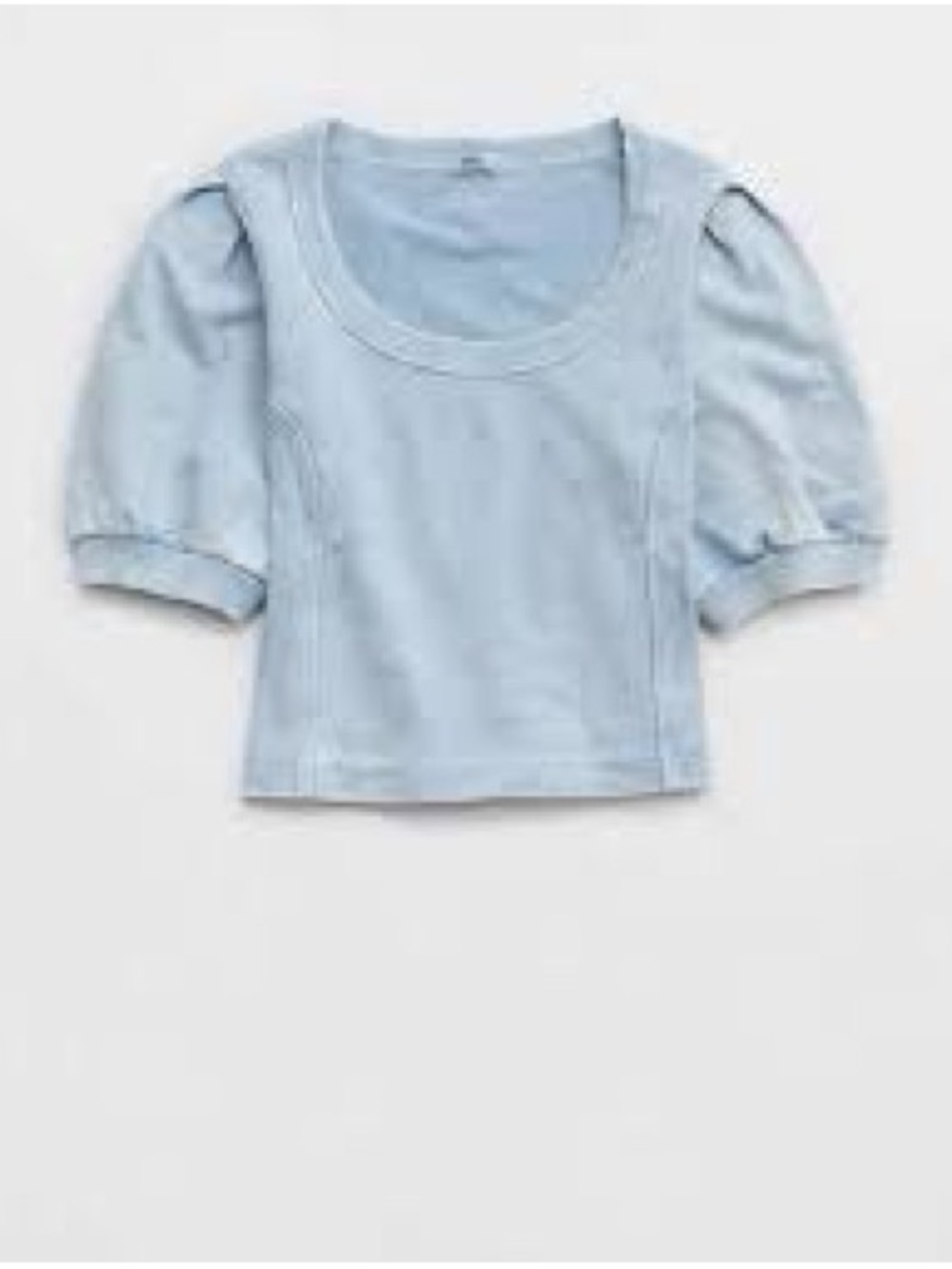Aerie Seams Right Washed Blue Cropped Puff-Sleeve Sweatshirt Top - Picture 2 of 8